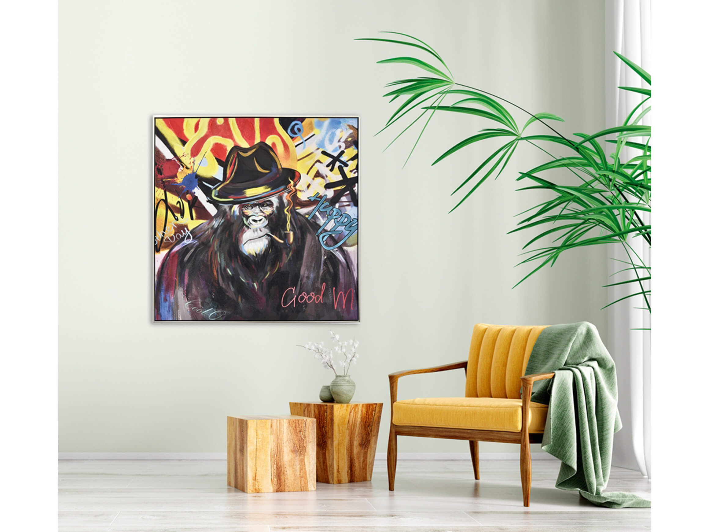 Bild Street Art Schimpanse mit Hut image LAND / Grösse: 103 x 103 cm