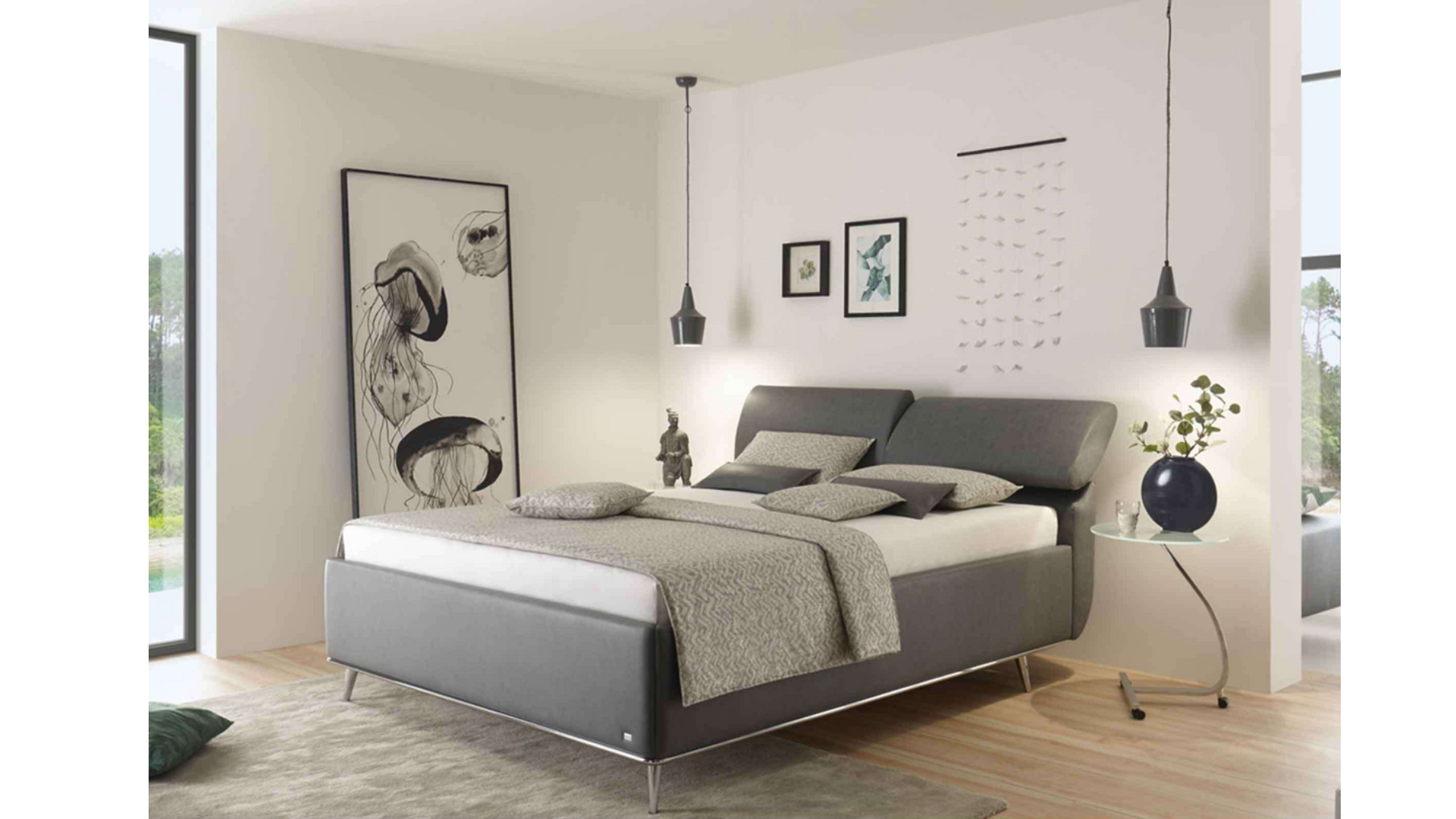 Cerata upholstered bed, fabric white-cream, lifting aid,