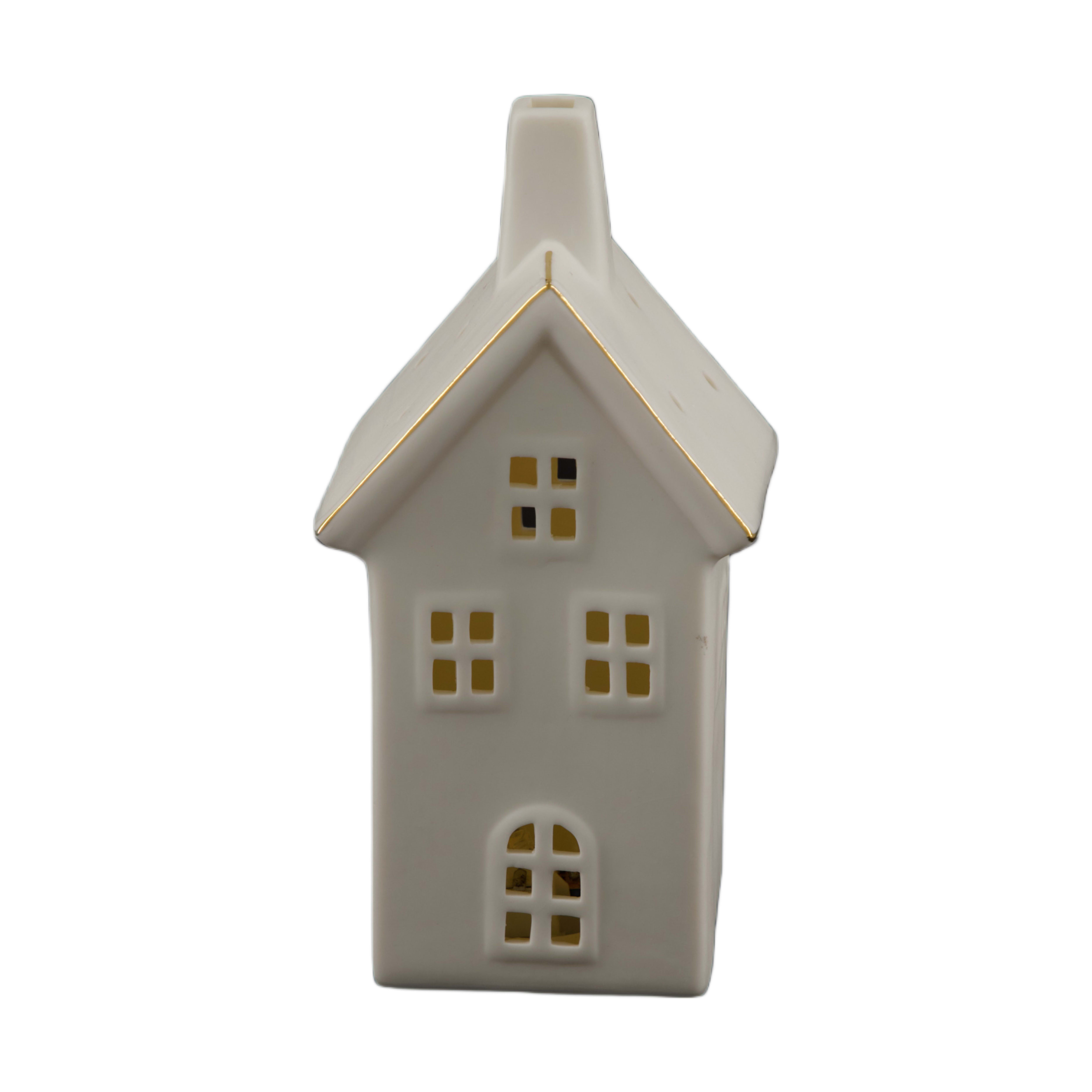 Windlicht Haus Aus Porzellan, Weiss Gold H: 17 cm Decofinder