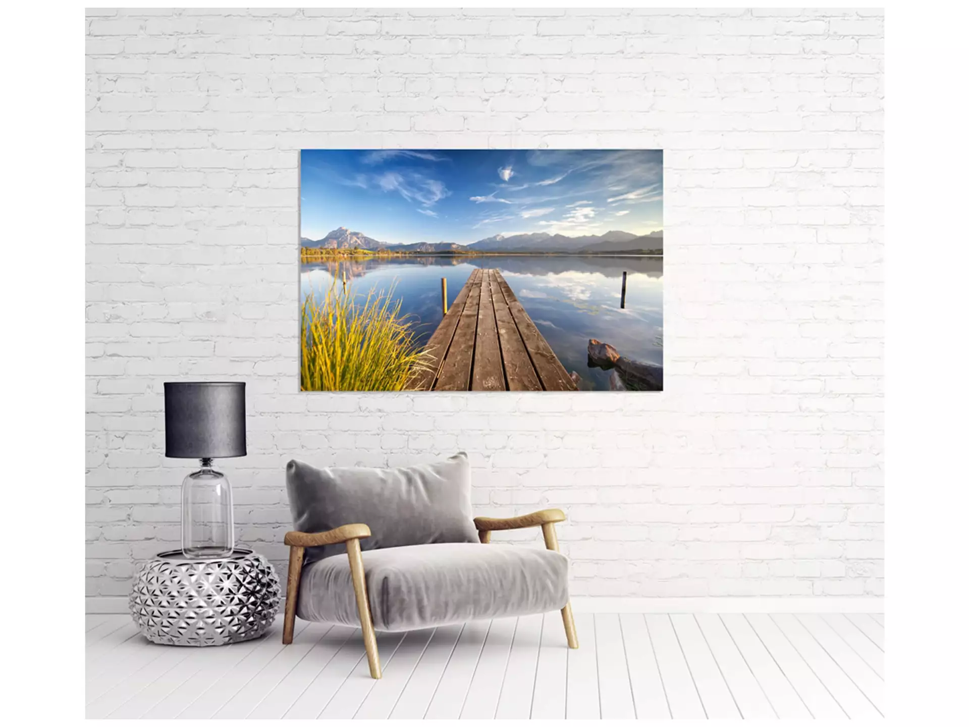 Digitaldruck auf Acrylglas Romantischer See mit Bergen image LAND / Grösse: 120 x 80 cm