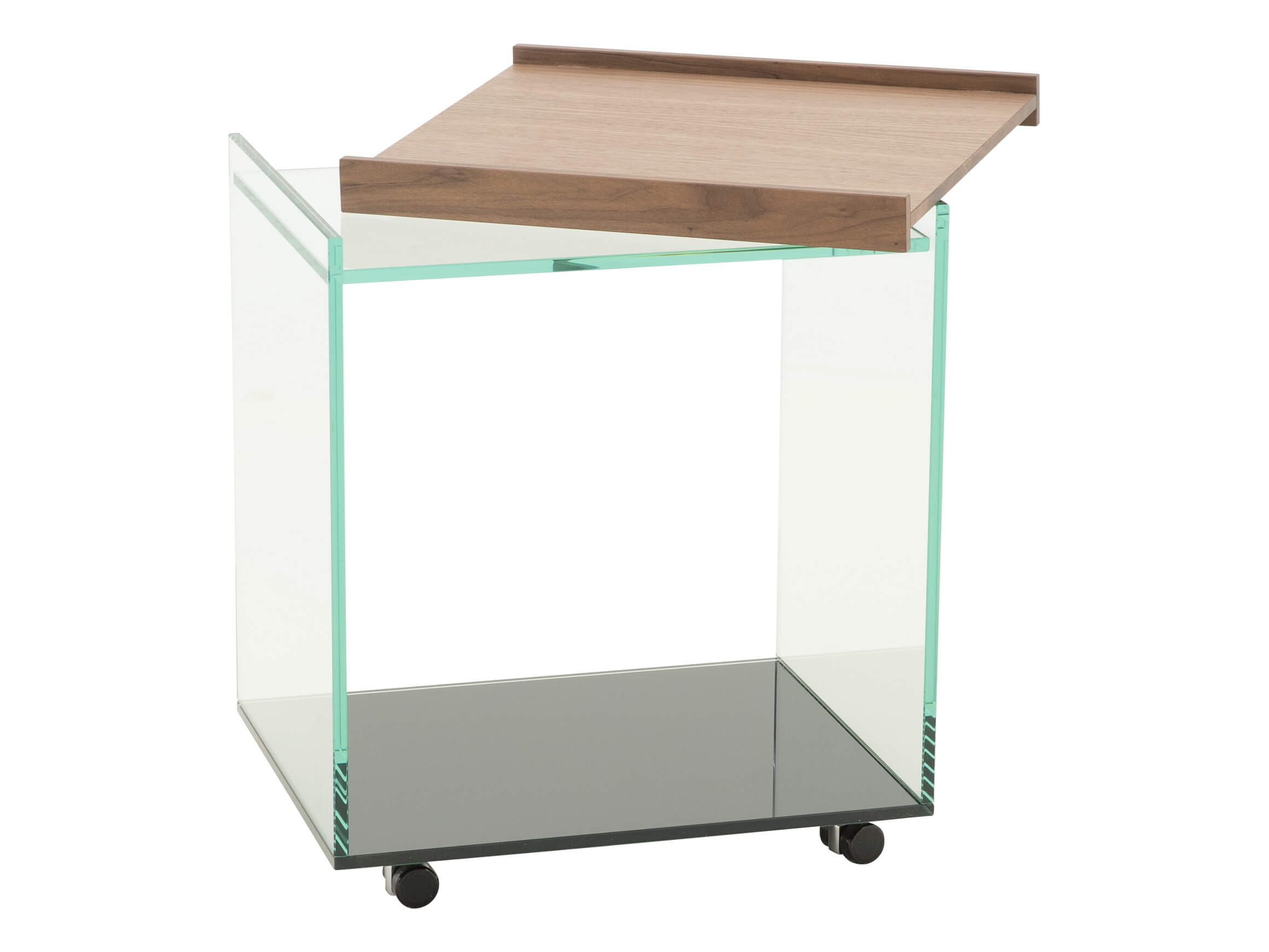 Beistelltisch Timo, Glas, Nussbaum, Rollbar, b 50 cm t 40 cm h 56 cm
