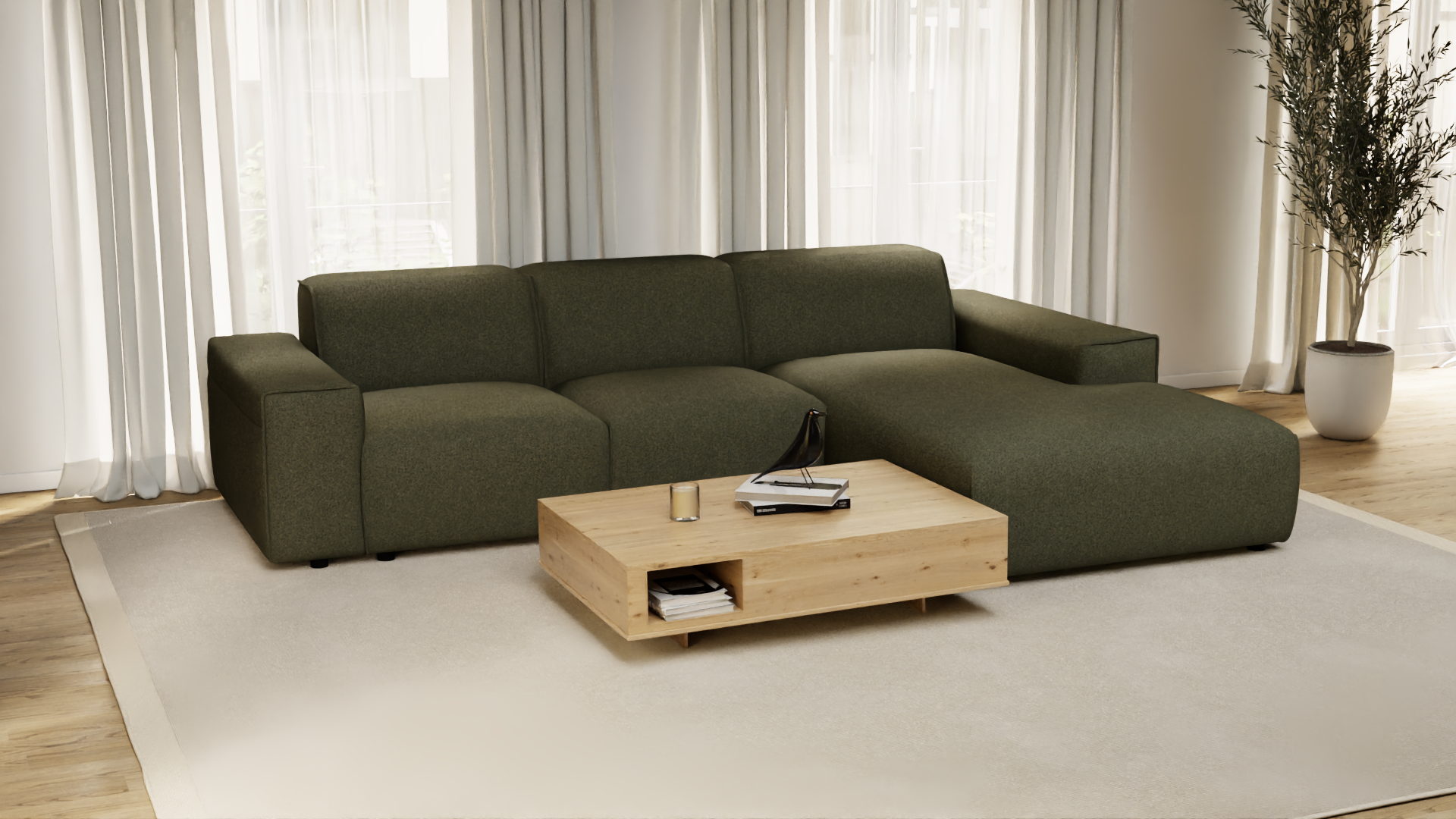 Ecksofa #1 Venus rechts - UrbanDesign / Farbe: Moos / Bezugsmaterial: Stoff