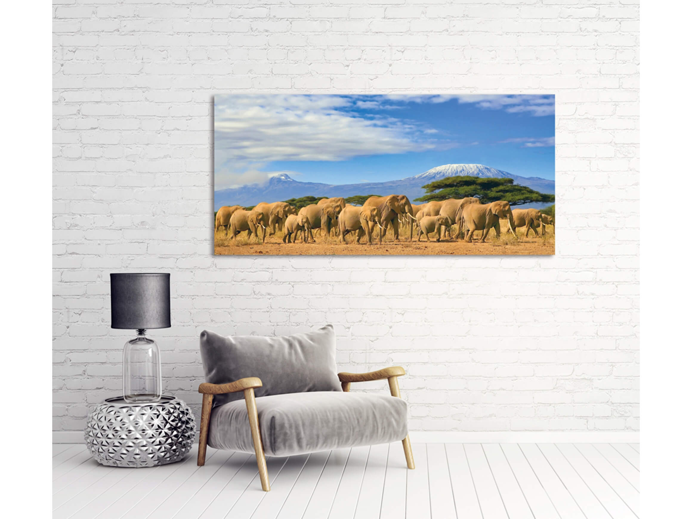 Digitaldruck auf Acrylglas Grosse Elefantenfamilie in Der Savanne image LAND / Grösse: 140 x 66 cm