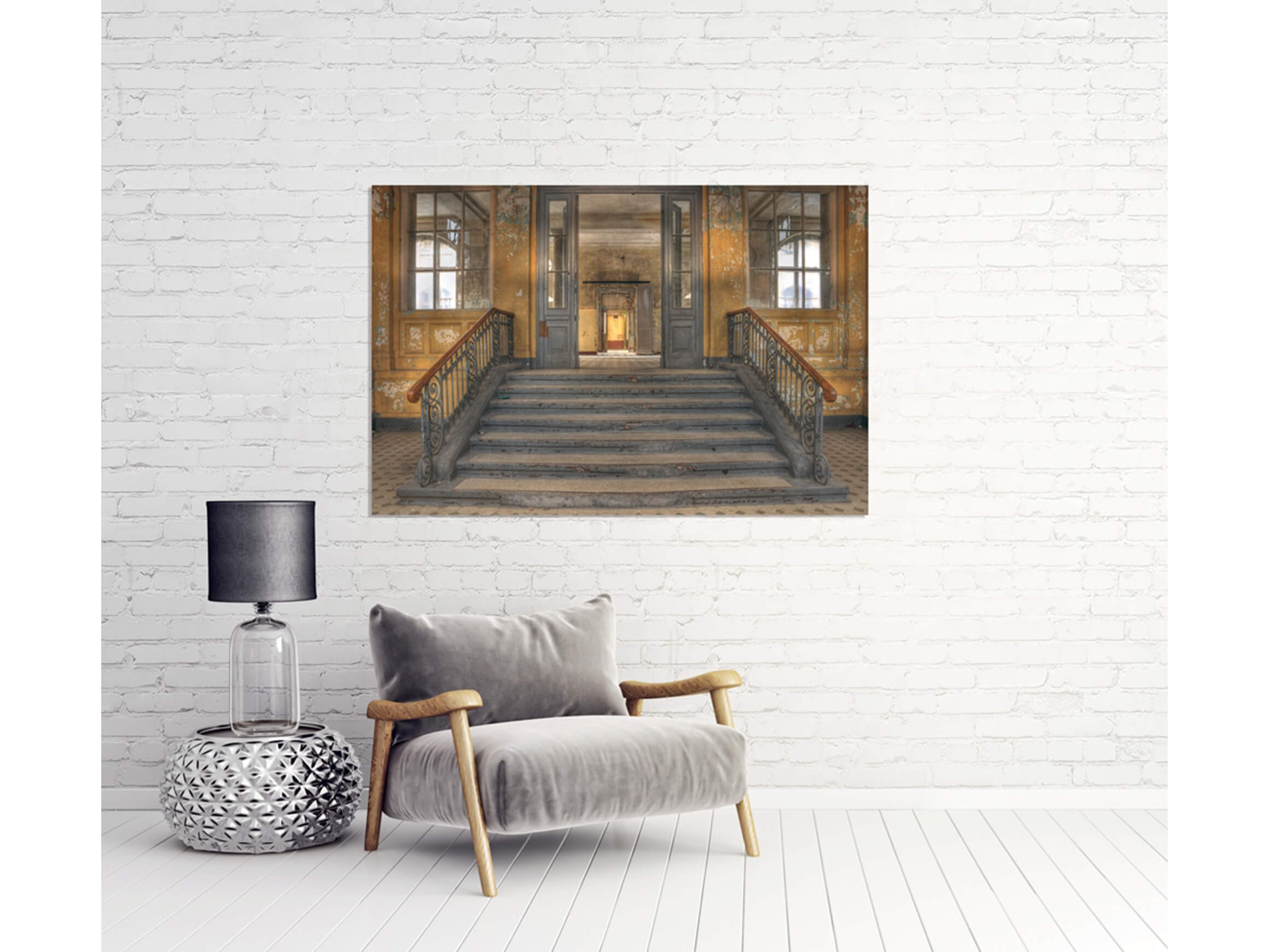 Digitaldruck auf Acrylglas Lost Place Treppe 3 image LAND / Grösse: 120 x 80 cm