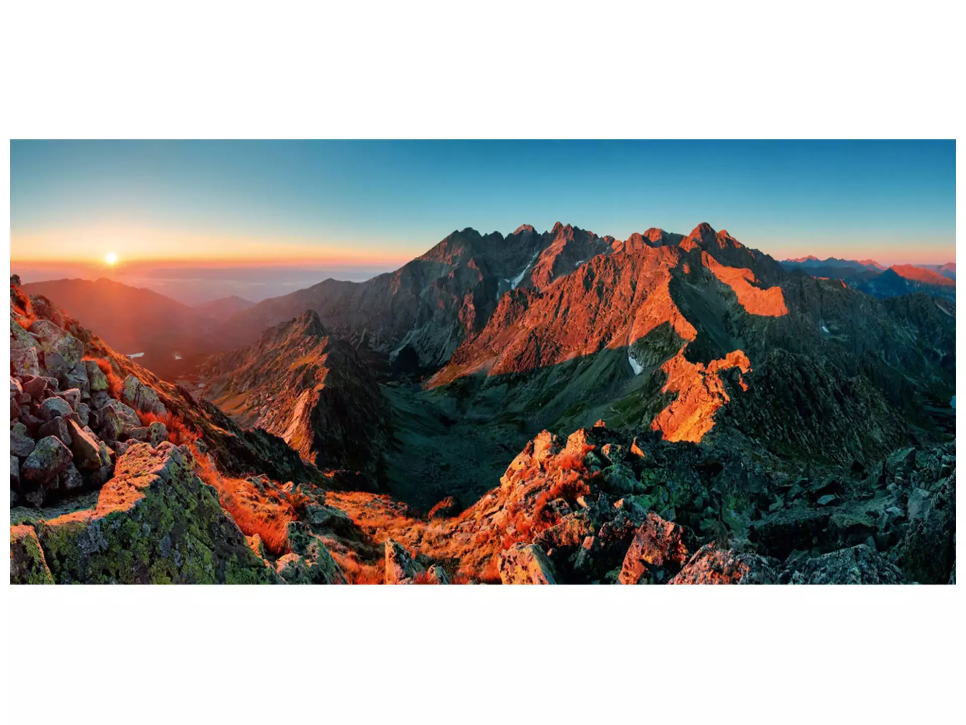 Digitaldruck auf Acrylglas Berge im Sonnenaufgang image LAND / Grösse: 140 x 66 cm