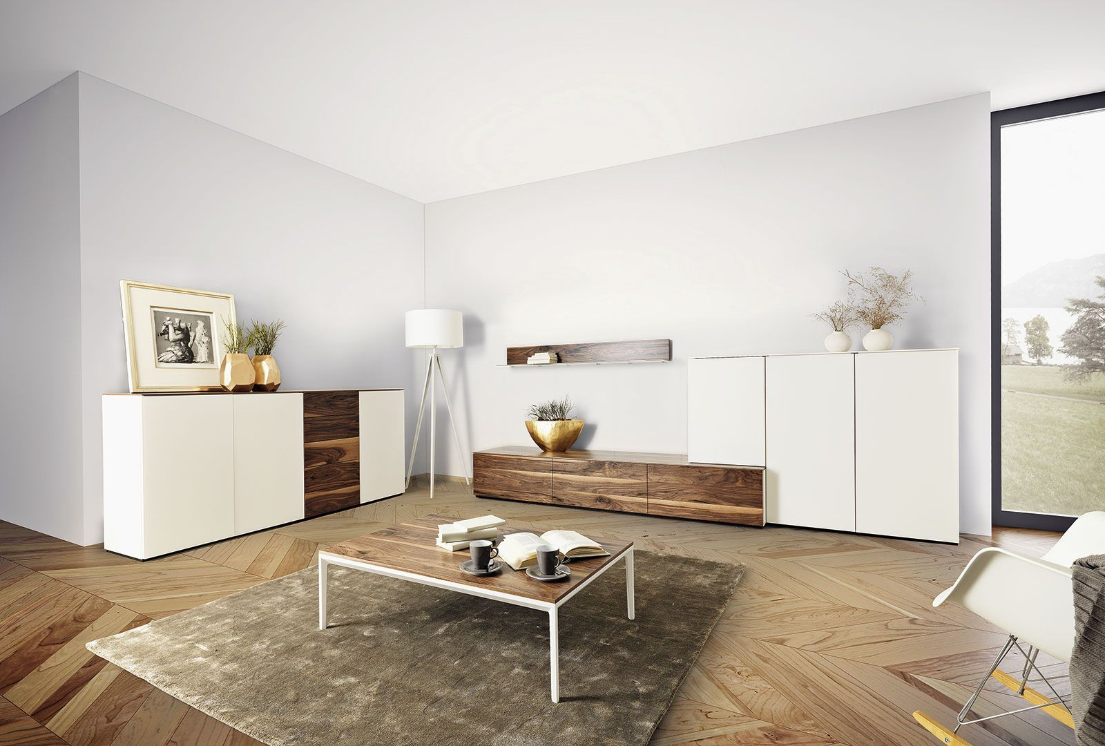 Sideboard Timber, Lack Weiss, Wildnussbaum, b 200 cm t 42 cm h 92 cm