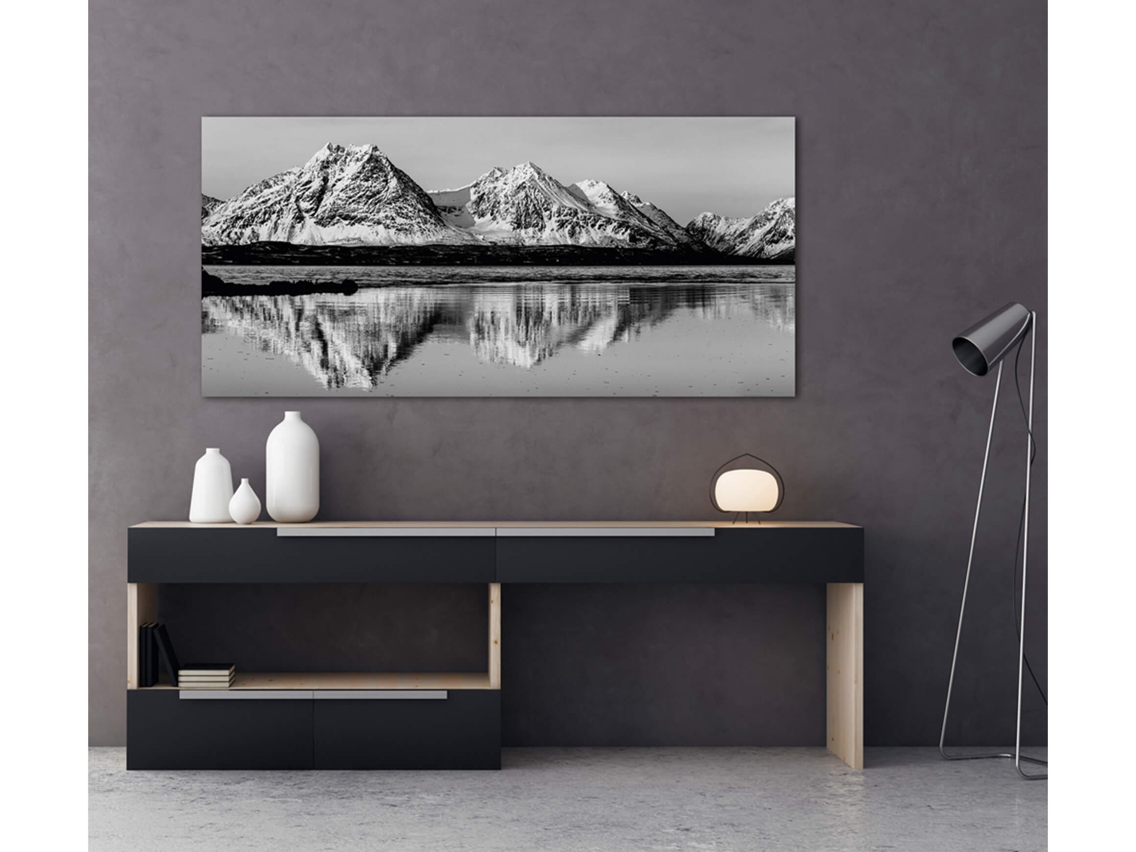 Digital print on acrylic glass Reflecting winter mountains image LAND / Size: 140 x 66 cm