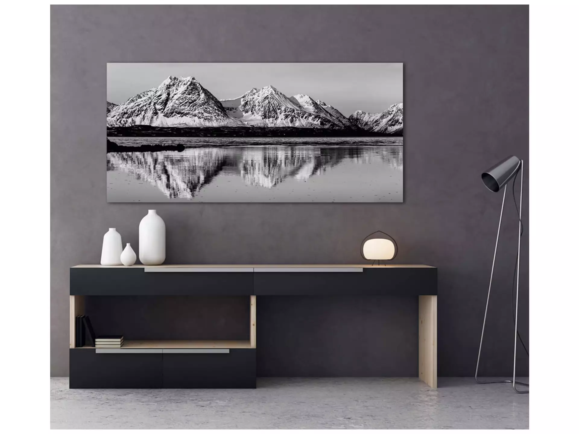 Digitaldruck auf Acrylglas Spiegelnde Winterberge image LAND / Grösse: 140 x 66 cm