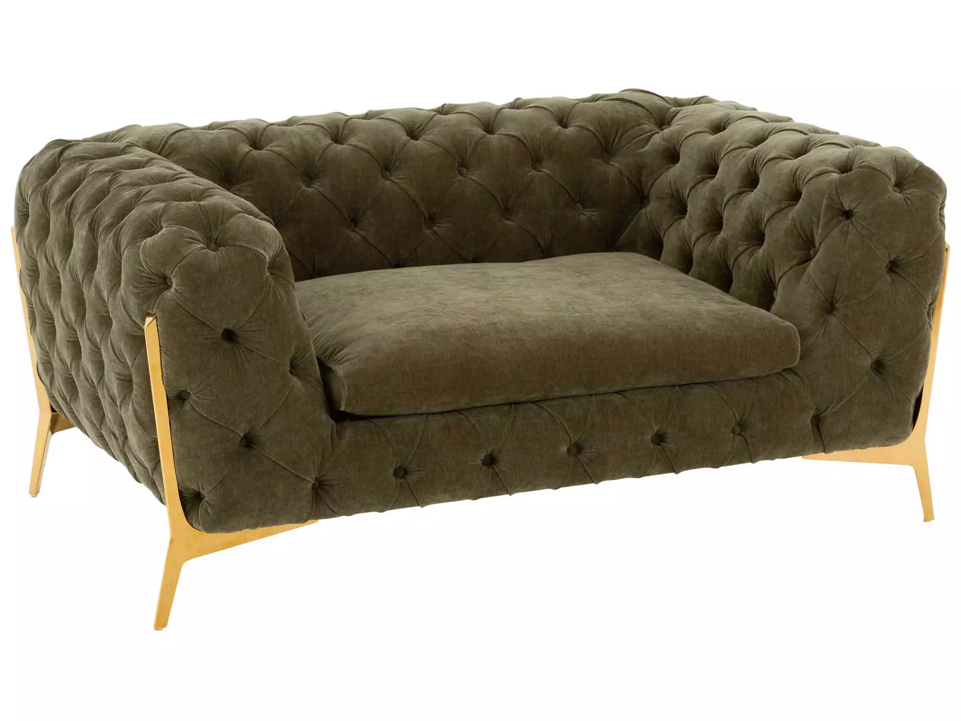 Sofa Berkley, Stoff Grün, 2-Sitzer, Metallfüsse Gold, 146x96x67 cm