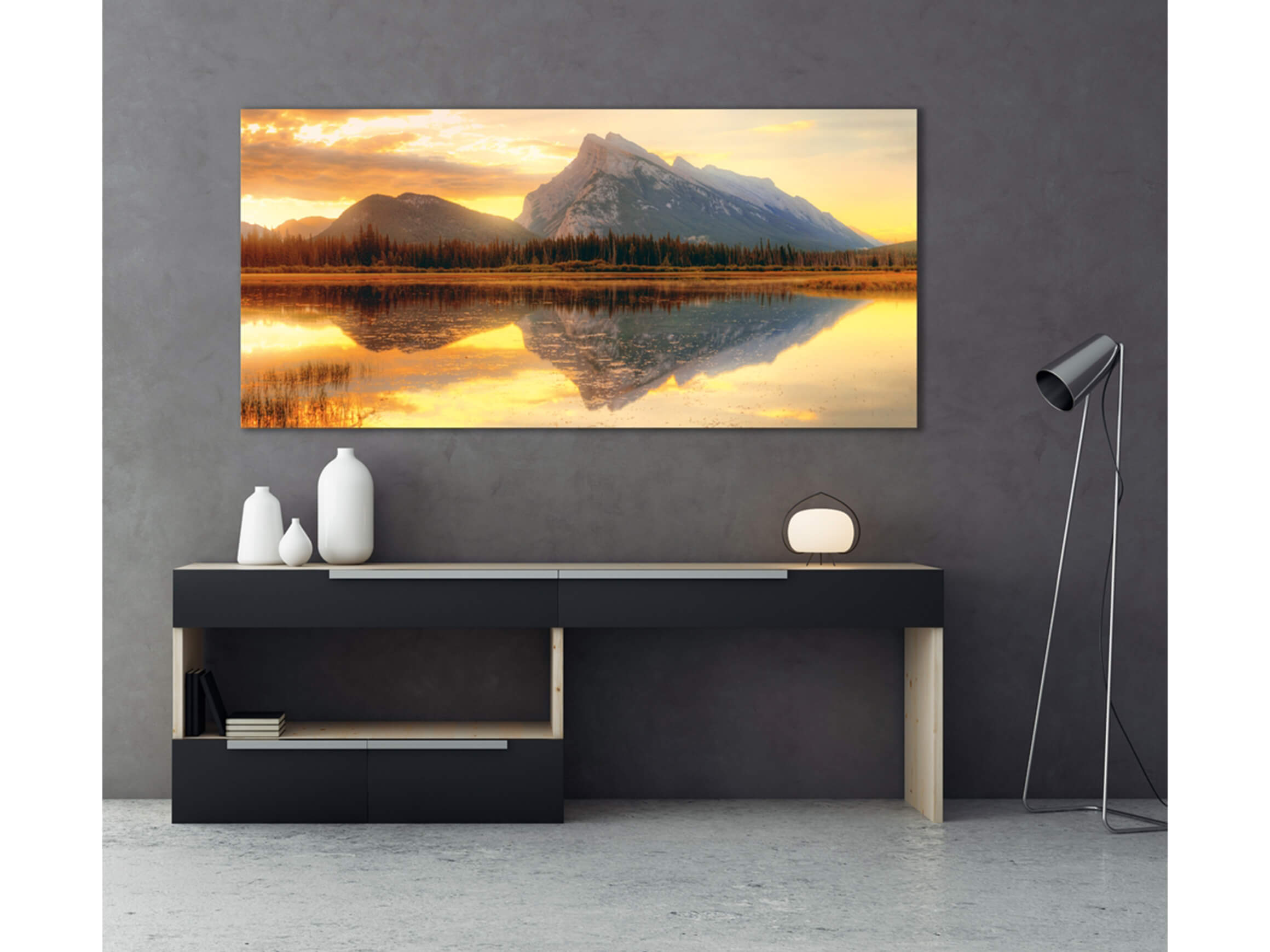 Digitaldruck auf Acrylglas Wunderschöner Seeblick mit Bergen image LAND / Grösse: 140 x 66 cm