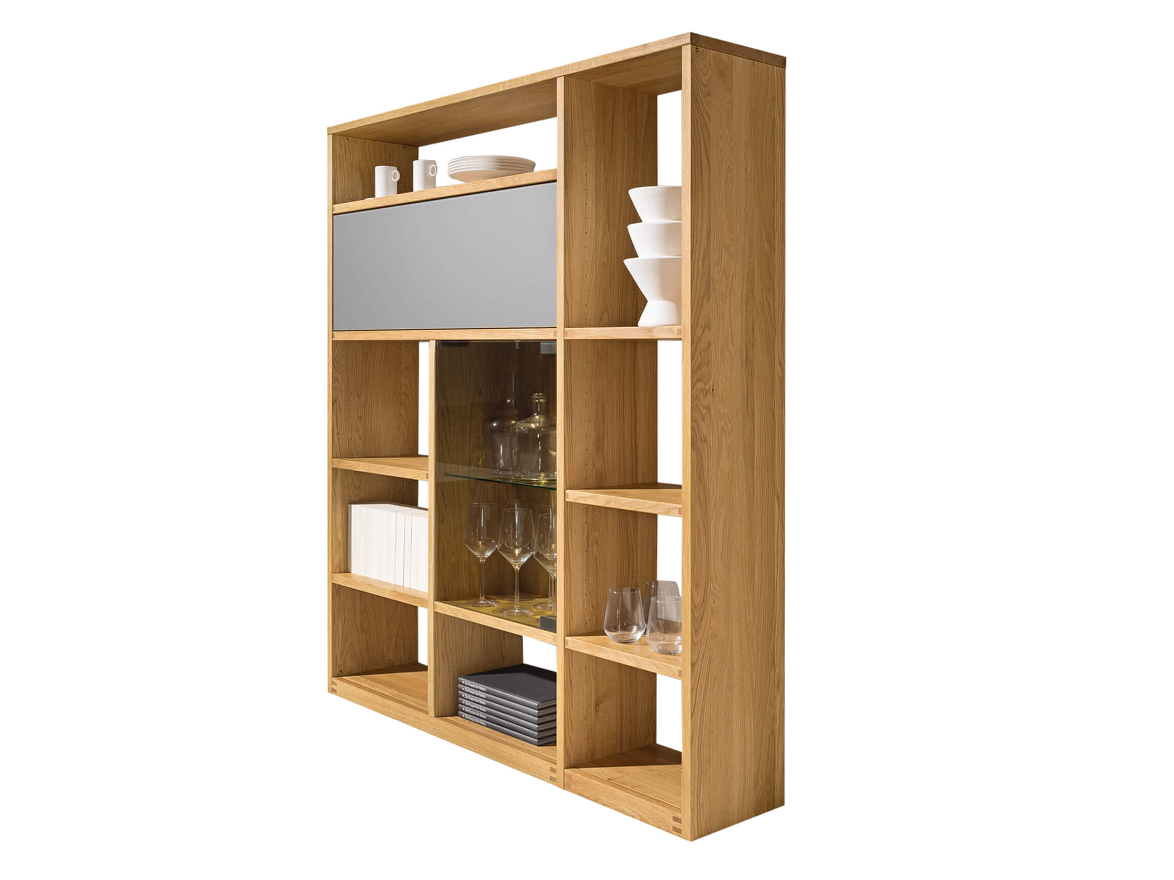 Cubus shelf, w 137.5 x d 28.7 x h 157.8, oak, glass elements