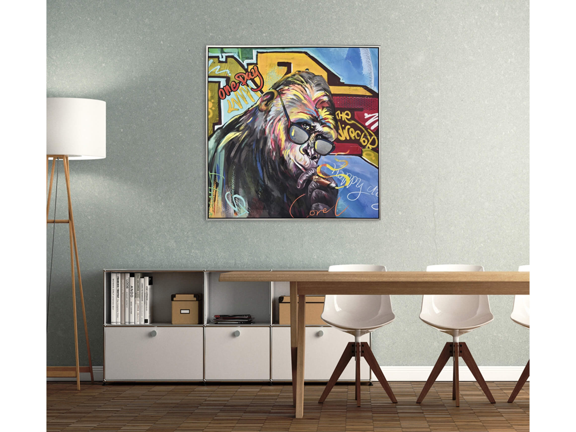 Bild Street Art Schimpanse mit Brille image LAND / Grösse: 103 x 103 cm