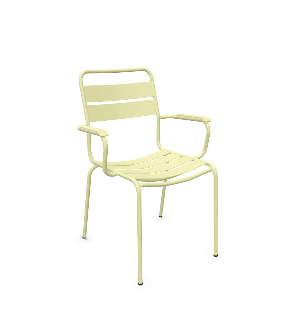 Glarus metal slatted chair with backrest from Schaffner / Colour: boxwood yellow / Size: 60 x 62 cm