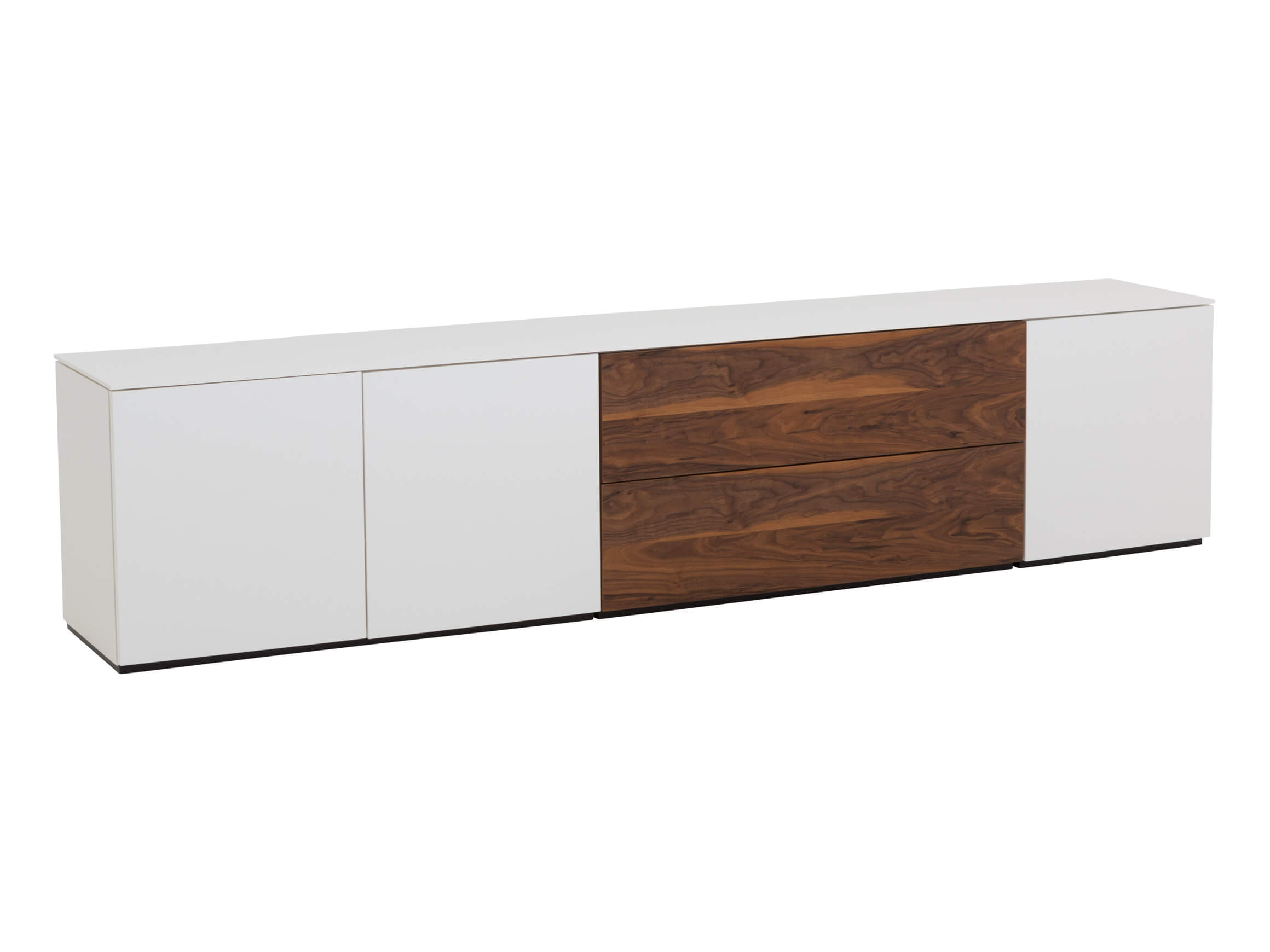 Sideboard Timber, blanc, tiroir en noyer, l 250 cm p 42 cm h 56 cm