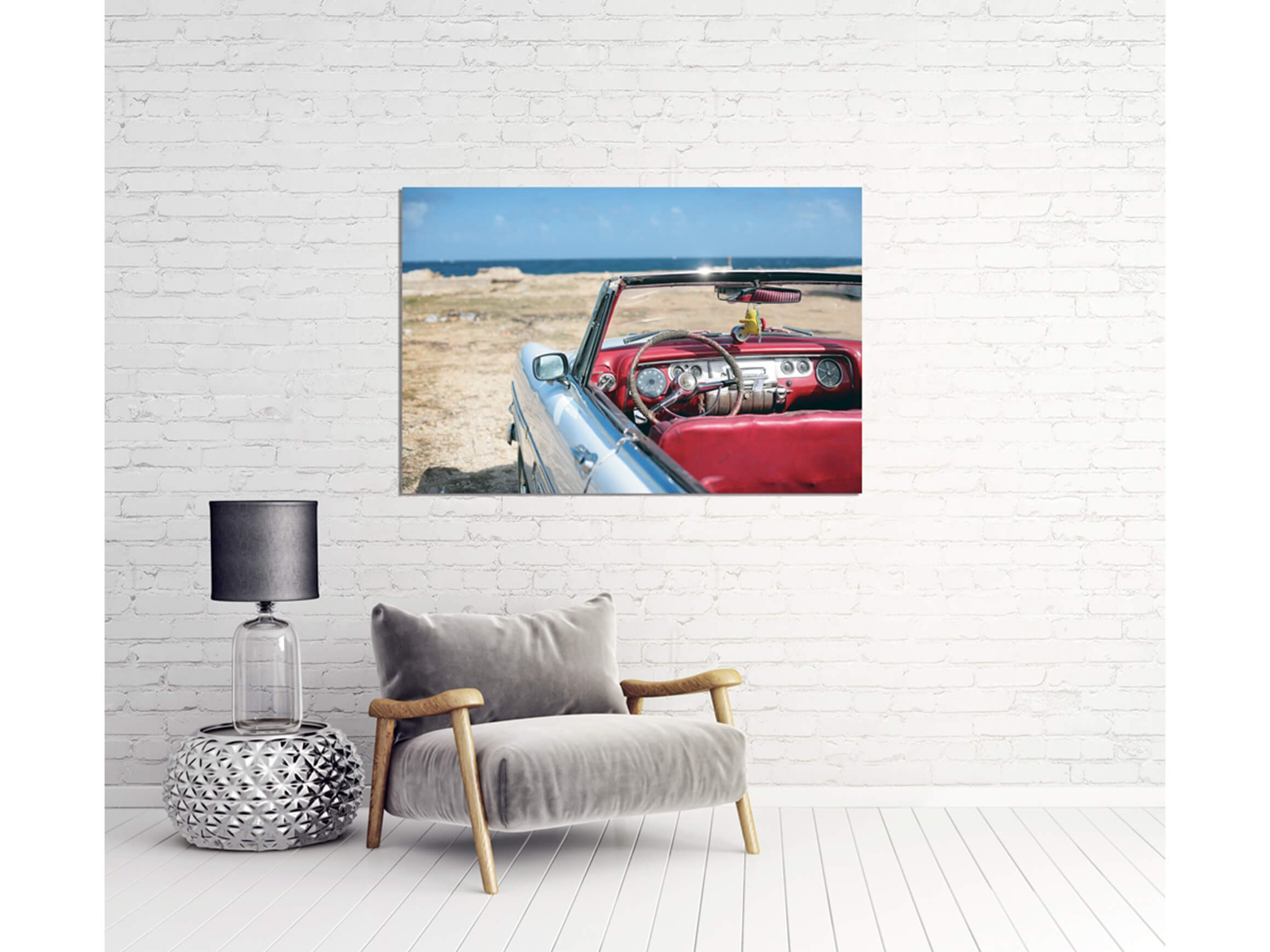 Digitaldruck auf Acrylglas Oldtimer am Strand image LAND / Grösse: 150 x 100 cm