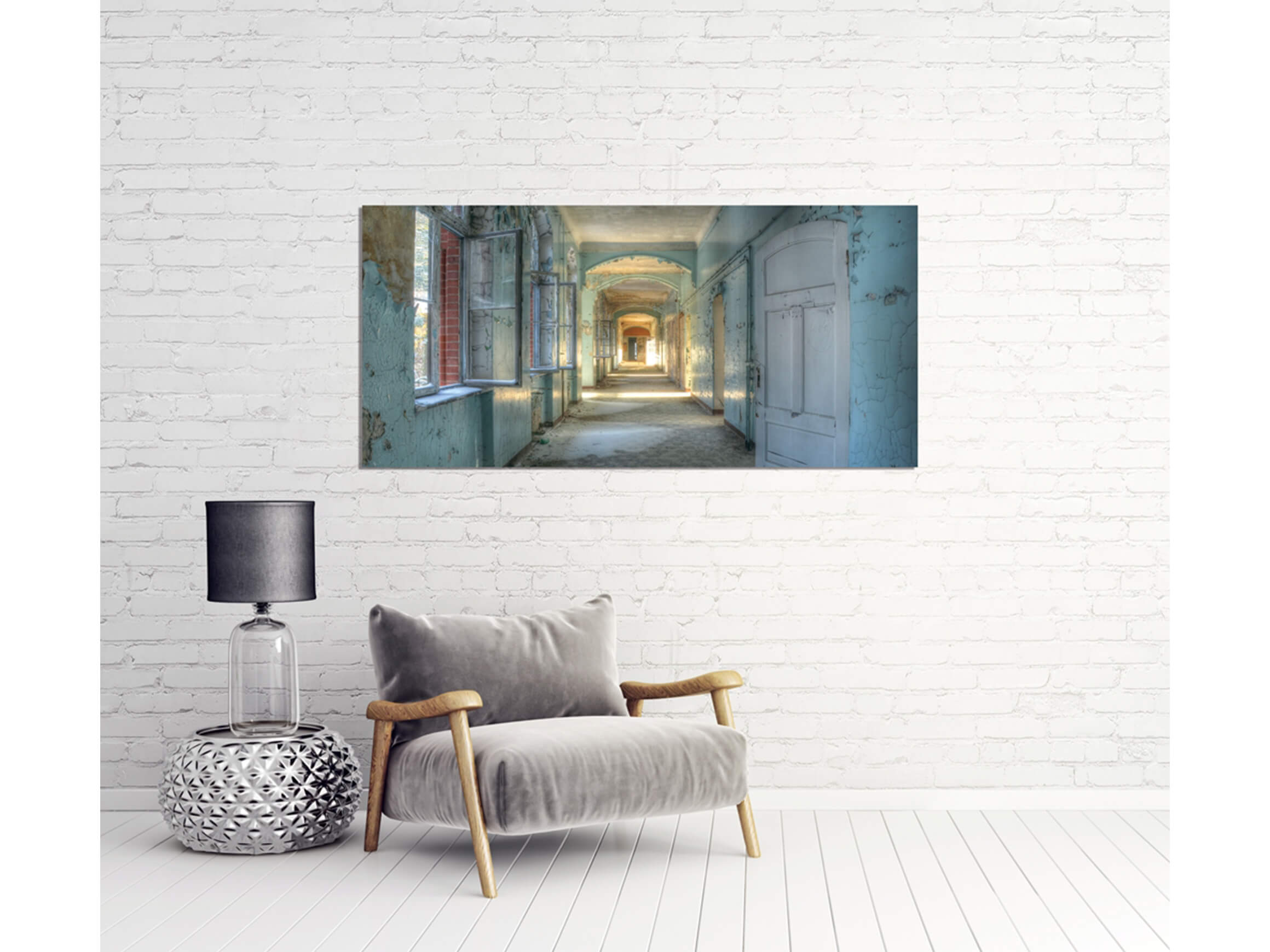 Digitaldruck auf Acrylglas Lost Place Flur 1 image LAND / Grösse: 140 x 66 cm