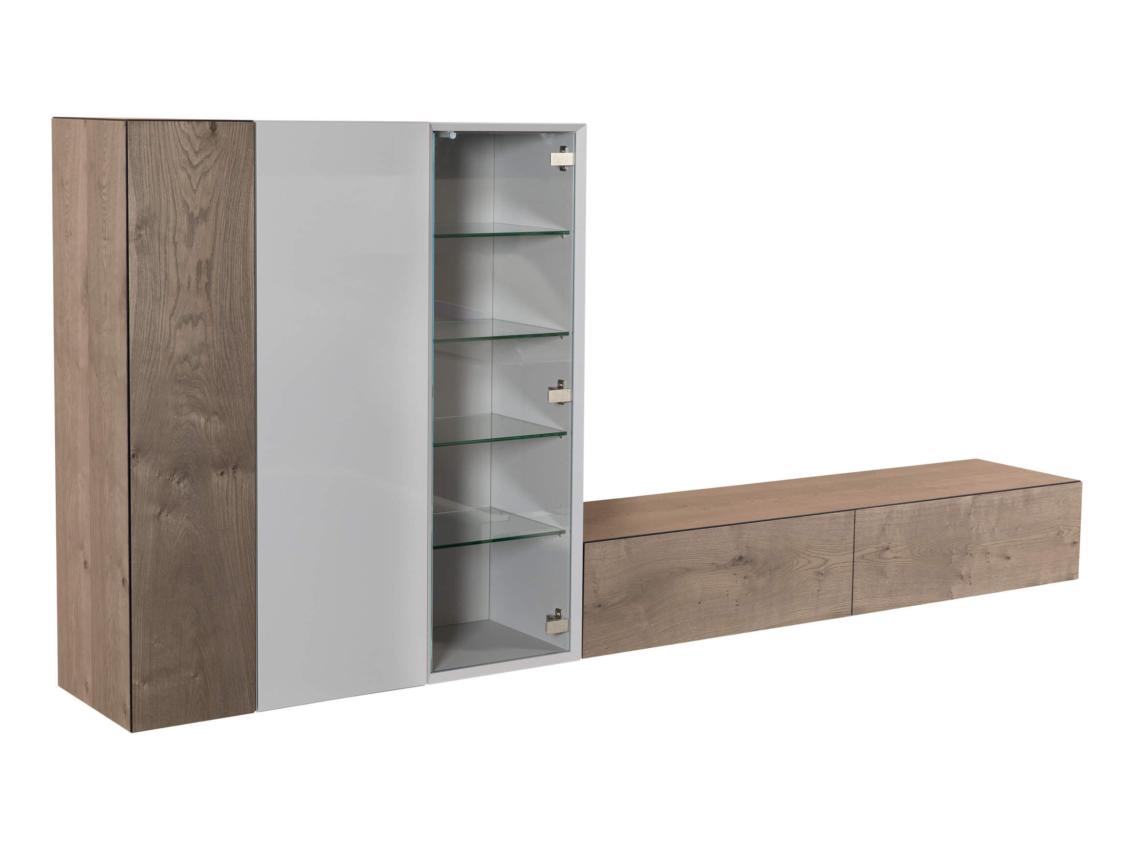 Wohnwand Porto, Grau, Eiche Vergraut, Glas, b 267 cm t 40 cm h 120 cm