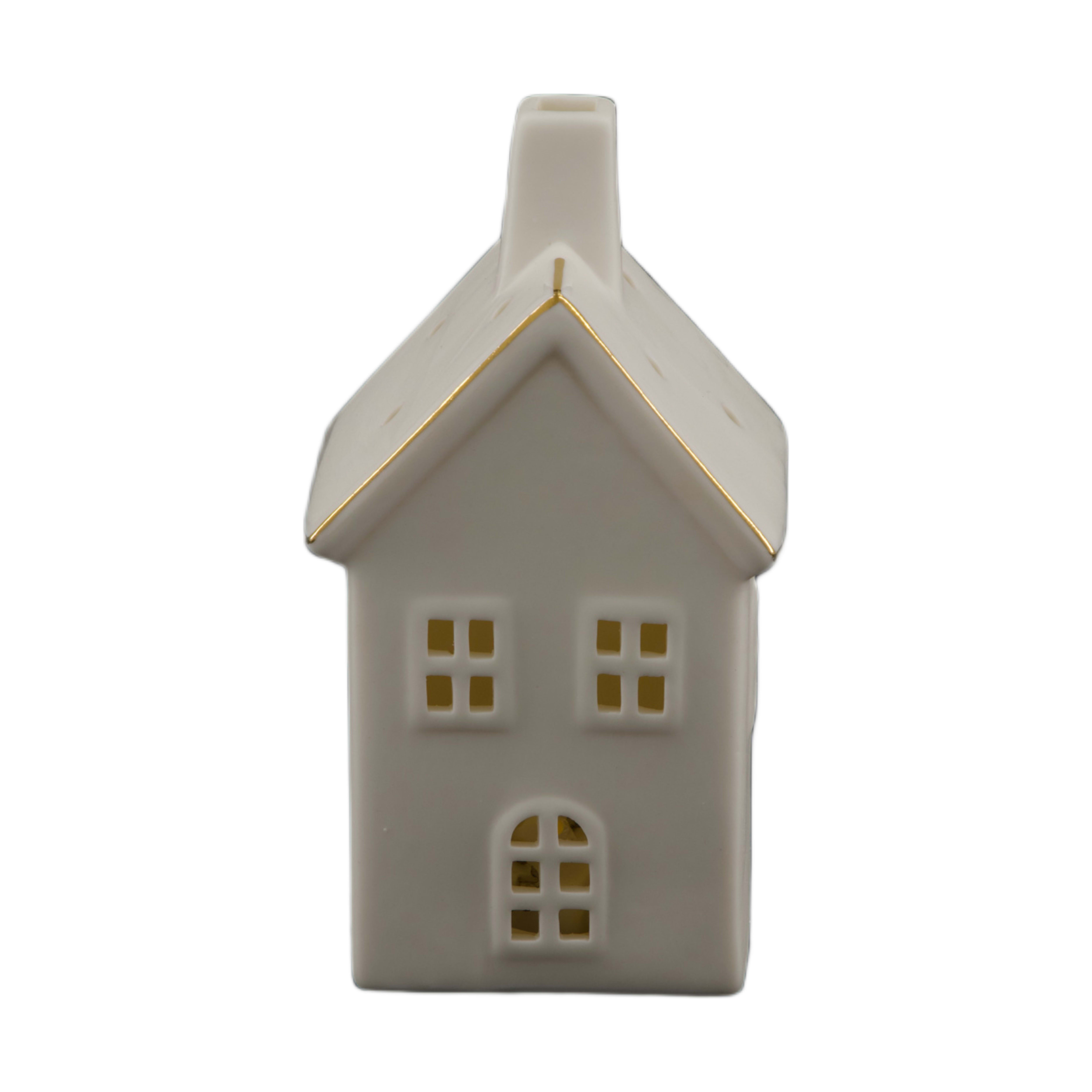 Windlicht Haus Aus Porzellan, Weiss Gold H: 13 cm Decofinder
