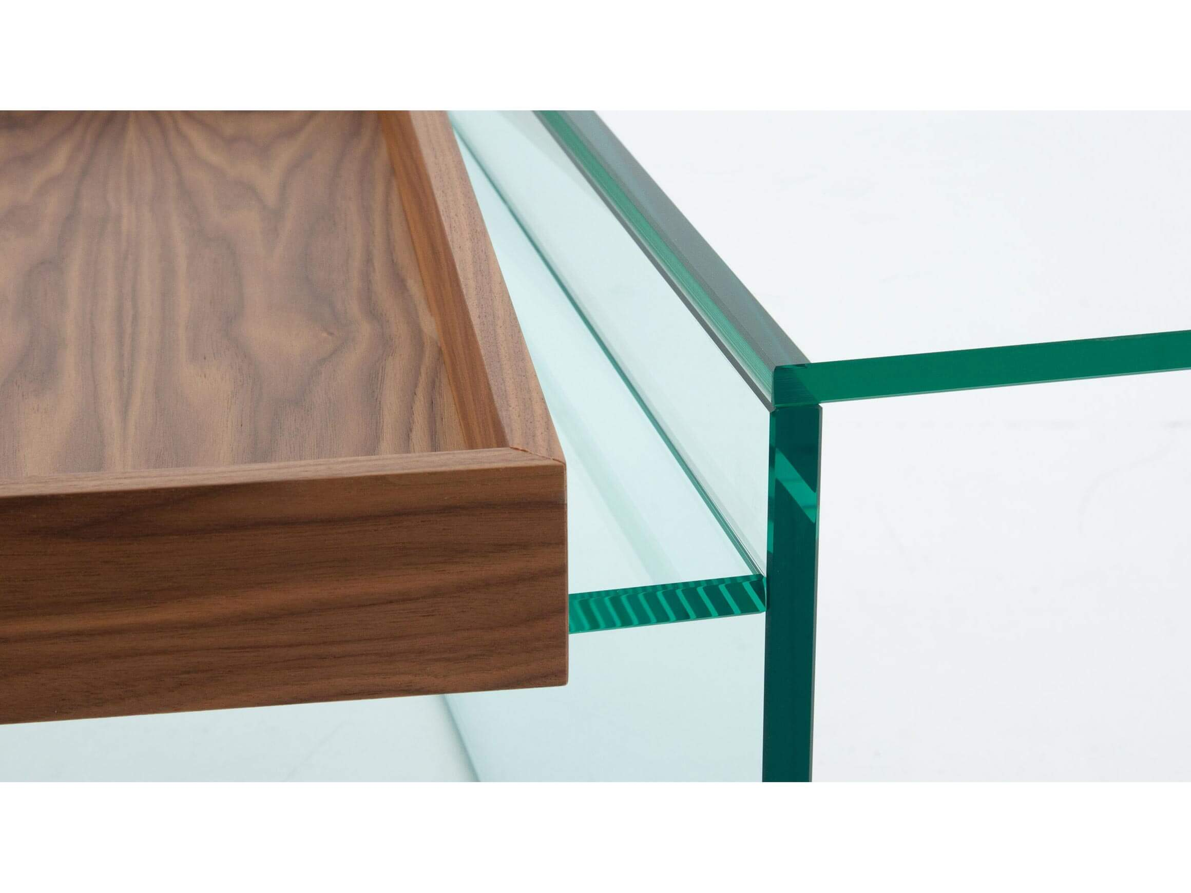 Couchtisch Samir, Korpus Floatglas, Tablett Nussbaum, 97x97x36 cm