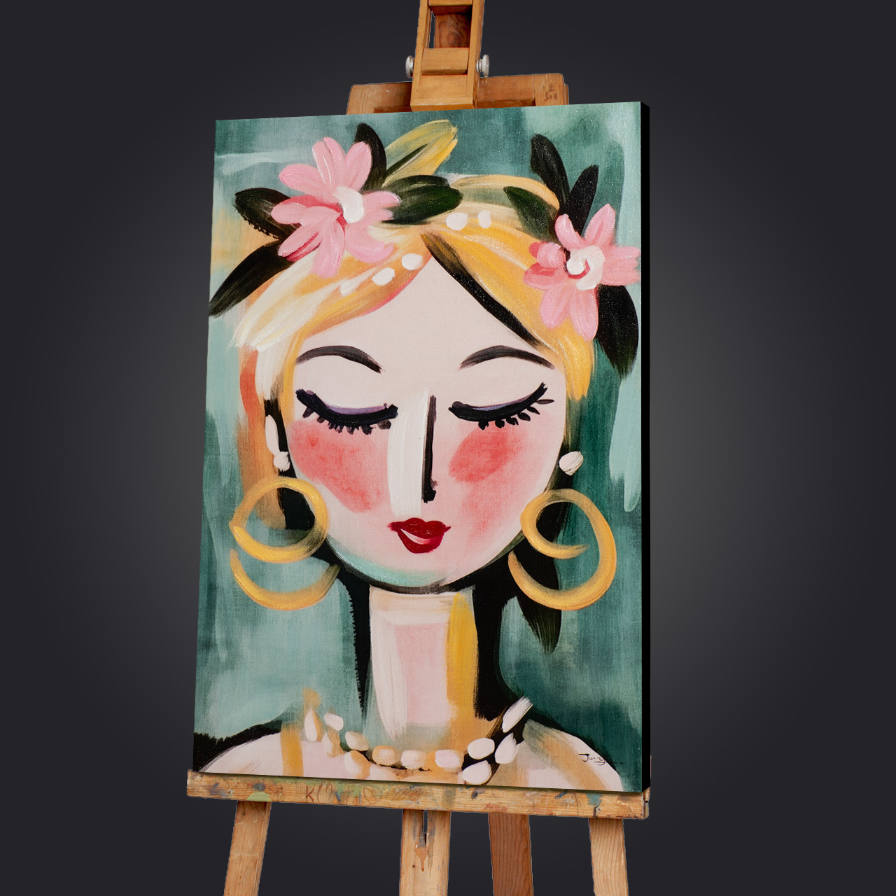 Gemälde-Naive Painting Green Girl-image LAND