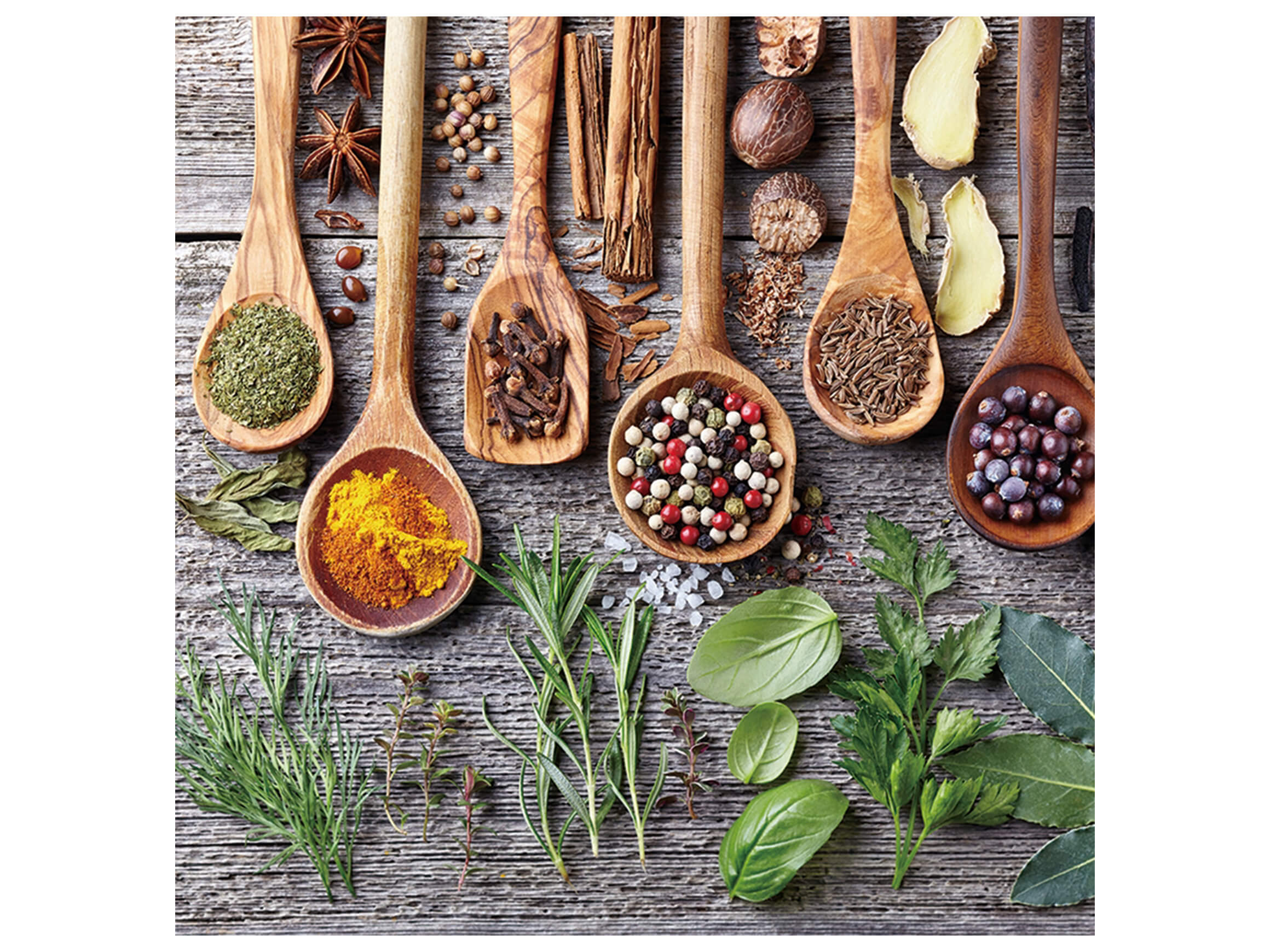 Digitaldruck auf Glas Holzlöffel mit Gewürzen image LAND